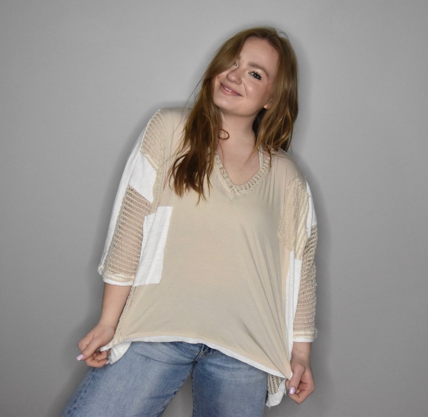 The Spring Fling - Nude Patch Work Flowing Oversized Top